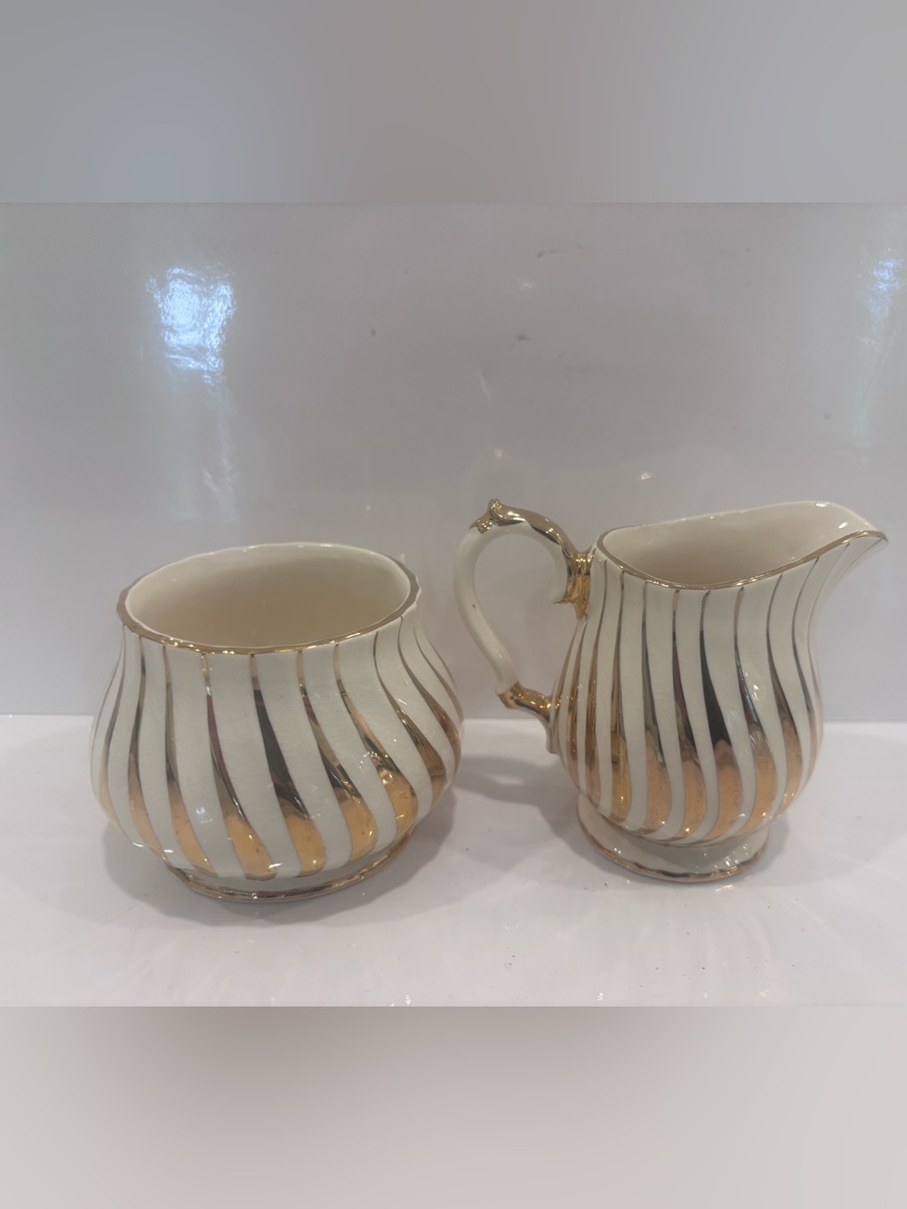 Vintage Sadler cream & sugar set white gold swirl pattern England pattern 2337